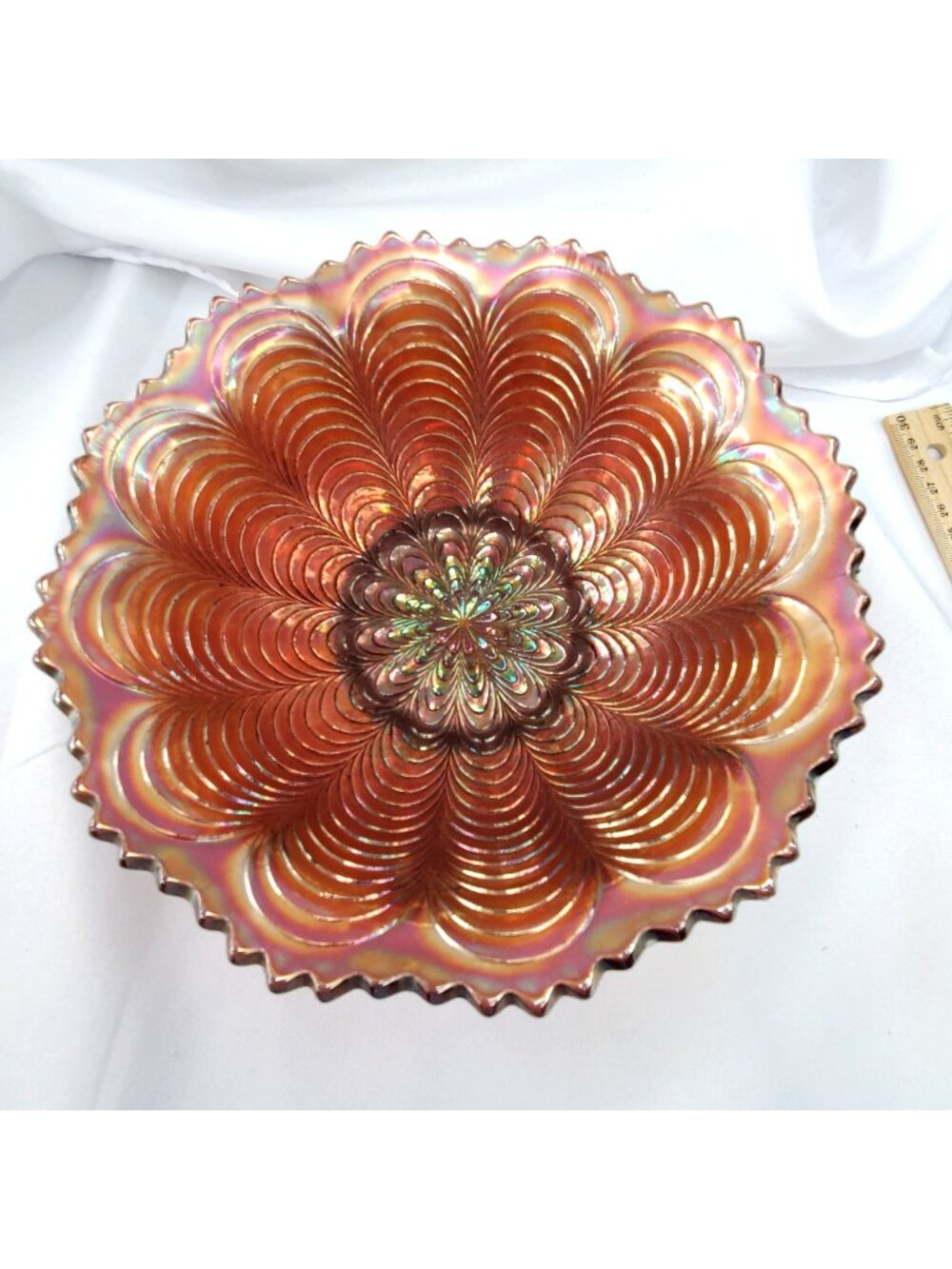 Fenton Amethyst "Peacock Tail" Bowl Carnival Glass 10" Scalloped Bowl Iridescent
